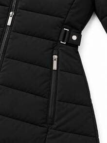Women Faux Fur Trim Hooded Zip Up Padded Coat With Waist Buckle Detail - Black - View 9