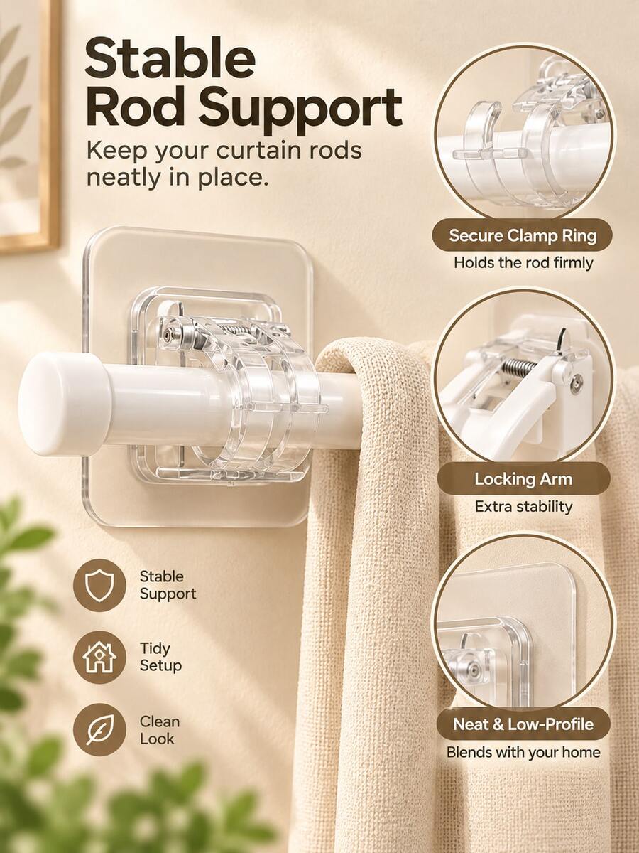 8/2/1pc Curtain Rod Brackets, Self-Adhesive Curtain Hooks With Spring Clip Design, No Drilling Required, Suitable For Round Curtain Rods, Ideal For Renters, Bedroom And Living Room Curtain Installation - Multicolor - View 1