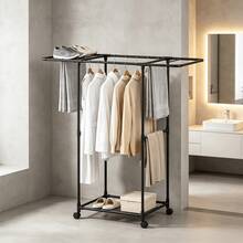 Space-Saving Floor Standing Coat, Hat & Shoe Rack, Rotating Universal Wheels, Thickened & Heightened Steel Tube With Strong Load-Bearing, Shoe & Clothing Partitioned Storage, Home Bedroom Vertical Clothing Storage Rack - Black and White - View 2