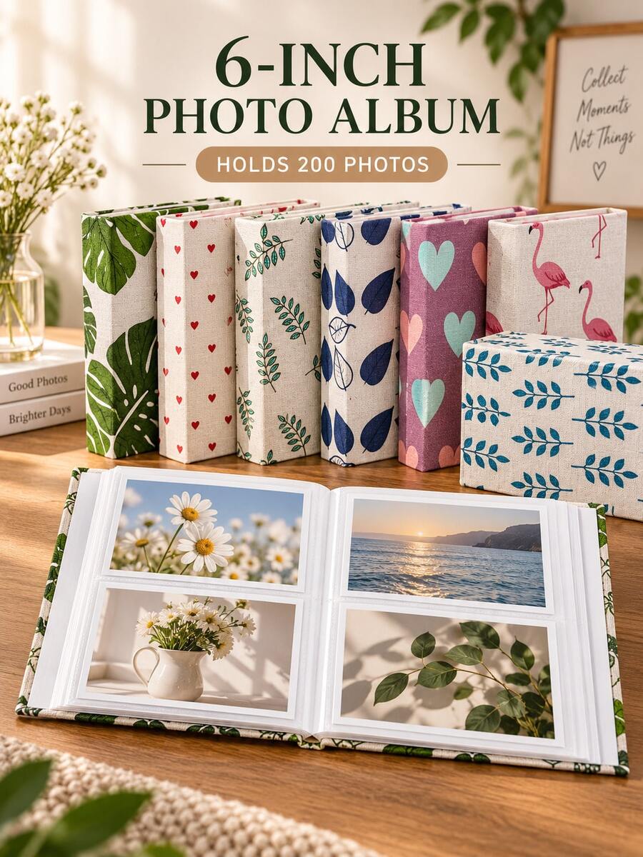 6 Inch 200-Photo Linen Photo Album, Decorative Printed Fabric Cover, Family And Travel Memorial Album Linen Cover 6 Inch Photo Album, With 200 Pockets, Cute Pattern Photo Album Suitable For Family Vacation And Daily Memories