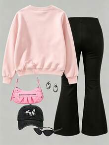 Tween Girl Fun Print Crew Neck Sweatshirt & Flare Pants 2 Pieces Set, Fashionable & Versatile - Pink - View 4