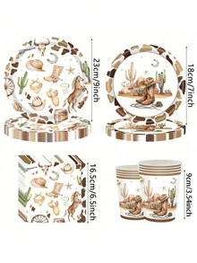 10pcs/20pcs Western Cowboy Rodeo Party Paper Plates Tableware, Wild West Theme Paper Plates, Paper Cups, Napkins Tableware, Suitable For Cowboy/Cowgirl Birthday Party Decorations - Multicolor - View 3