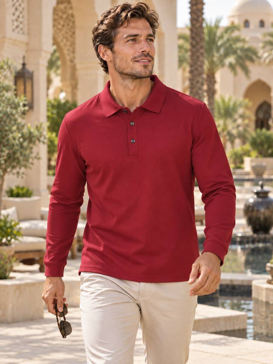 Kemeja Polo Lengan Panjang Pria Warna Merah Polos, Atasan Berkerah, Potongan Slim Fit, Cocok untuk Pakaian Kantor dan Sehari-hari di Musim Semi/Gugur, Gaya Ganda Kasual dan Profesional, Sempurna untuk Perjalanan ke Kantor dan Sehari-hari - Merah - View 1