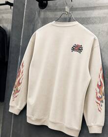 FRACTYR Men's Beige Crew Neck Sweatshirt, Motorcycle Engine Flame Checkered Flag Print Loose Streetwear Pullover, Casual Street Style Spring Autumn Top - Apricot - View 5