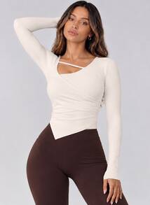 Never me Women's Square Neck Long Sleeve Yoga Top With Horizontal Straps, Hollow Out Cross Gathered Design, Built-In Bra Pads And Asymmetrical Hem - Apricot - View 1