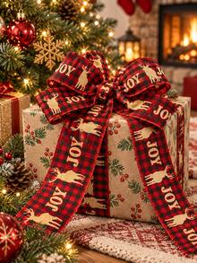 Julband i linne, flera tryckta mönster tillgängliga, röd- och svartrutig textur. Dekorativt julband för DIY, används för julgransinslagning, presentförpackning, kransdekoration och juldisplay i fönster. Julfestartikel, julpresentbuntning, handgjort dekorationsmaterial för att skapa en varm julstämning, lämpligt för juldekoration i hem och butik. - Flerfärgad - Visa 3
