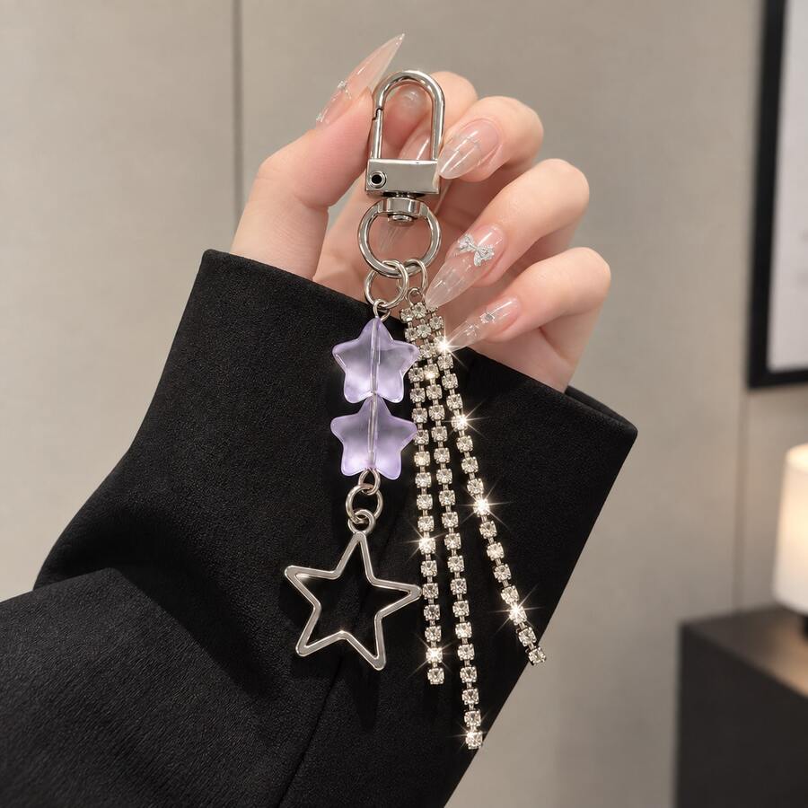 1pc/2pcs Women's Transparent Purple Star Beaded Alloy Hollow Pentagram Pendant, High-End Alloy Rhinestone Tassel Keychain, Minimalist Fairy-Style Bag Charm Wallet Accessory - Mauve Purple - View 1