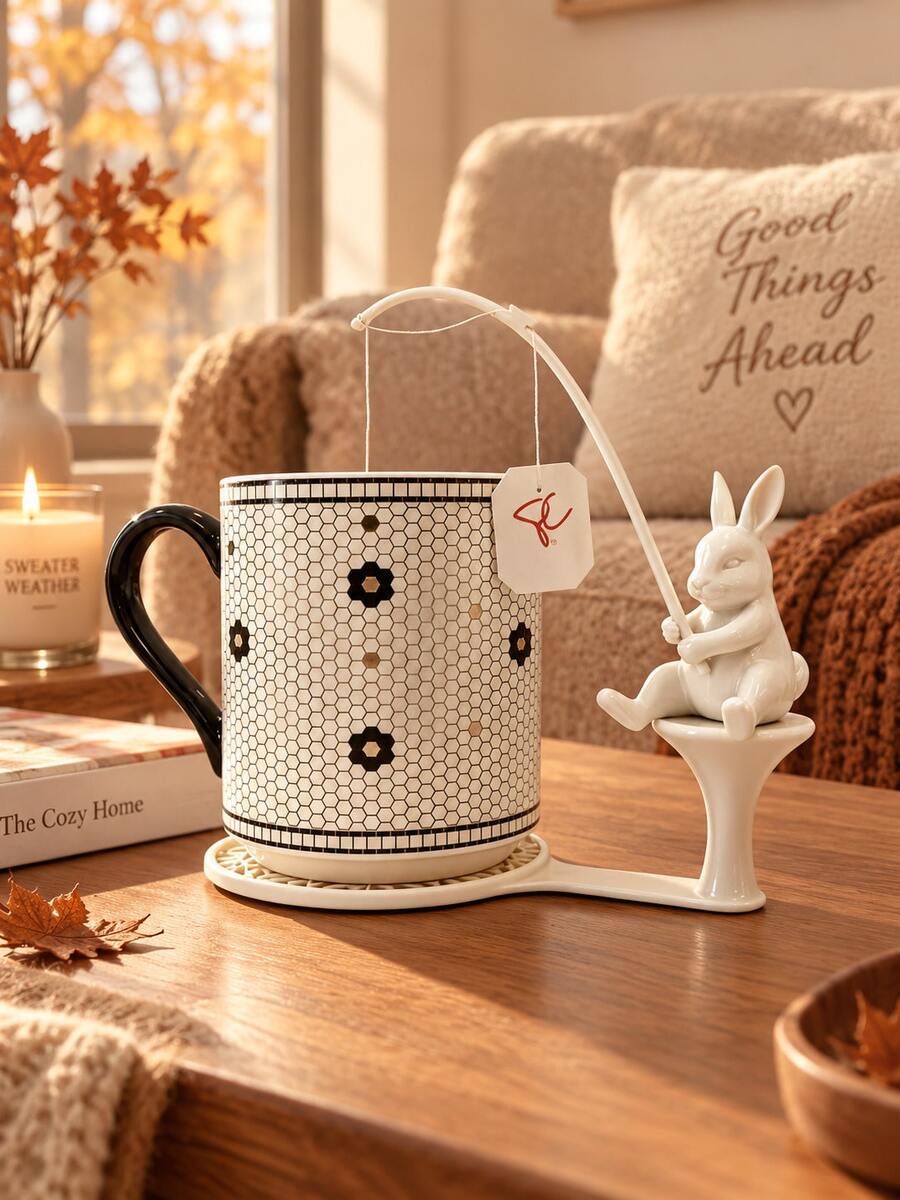 Cute White Ceramic Rabbit Tea Bag Holder With Coaster, Creative Bunny Fishing Tea Bag Hanger, Aesthetic Kitchen Tea Accessories - Multicolor - View 1