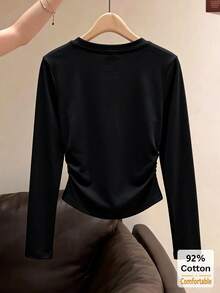 Women's Autumn/Winter Long Sleeve T-Shirt, Black Solid Color Versatile Slim Fit Base Layer Top - 黑色 - 查看 6