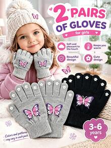 2 Pairs Kids Autumn/Winter Baby Knitted Five-Finger Woolen Warm Thick Split-Finger Gloves, Cold-Proof, Small Butterfly Design - Butterfly Gloves - View 7