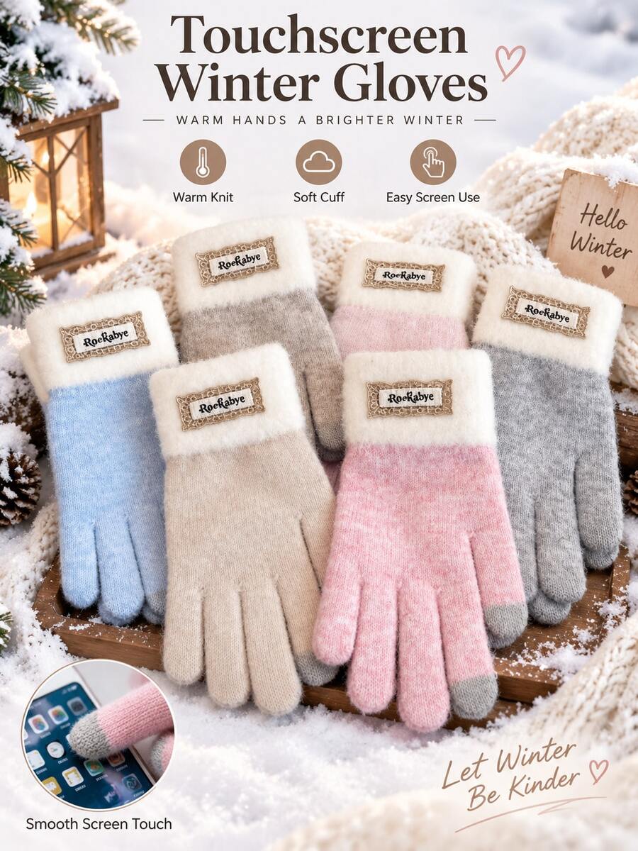 Korean Style Autumn/Winter Warm Knitted Gloves For Women, Touchscreen Compatible, Colorblock Knitted Yarn, Thickened, Five-Finger Gloves For Cycling And Students - Multicolor - View 1