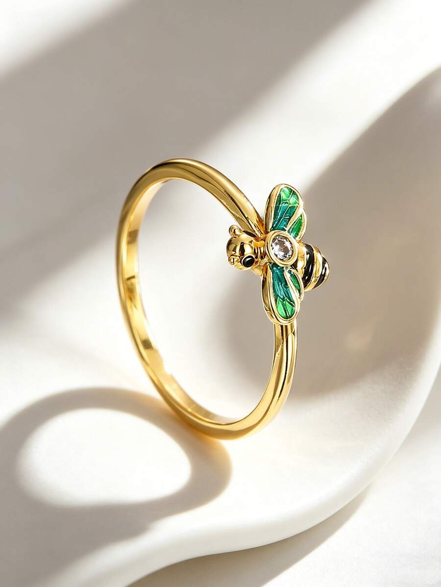 Charm-In Gold Bee Drip Oil Zirconia Plain Band Ring, Cute Vintage Insect Style Ring, Daily Party Wear Jewelry, Exquisite Gift For Women And Girls - Yellow Gold - View 1