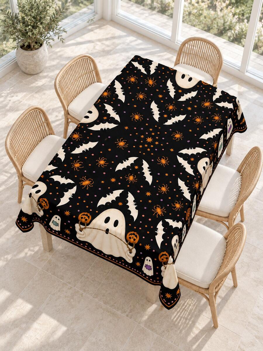 1 buah Taplak Meja Poliester Bertema Halloween, Taplak Meja Bundar, Taplak Meja Persegi Panjang, Taplak Meja Dekoratif Halloween/Penutup Meja, Taplak Meja Liburan Motif Hitam, Kelelawar, Hantu, Roh, Kucing Hitam, Kerangka, Dekorasi Tengah Meja Makan Halloween, Taplak Meja Dekoratif untuk Suasana Pesta dan Pertemuan Keluarga Halloween, Dapat Digunakan Kembali - B - View 1