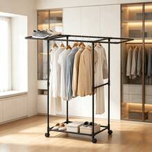 Thick-Walled Reinforced Steel Pipe Standing Clothes Rack, 360° Rotating Casters For Easy Movement, Elevated Hanging Area To Prevent Dragging On Floor, Top Shoe Rack Storage, Multifunctional Vertical Coat Rack For Home - Black and White - View 2