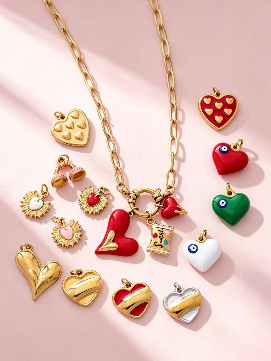 Multi-Style Colorful Oil Drop Heart & Demon Eye Pendant, Customizable DIY Paperclip Chain Accessory For Thanksgiving And Valentine's Day - Gold - View 1