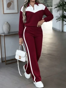 LUNNELUX Women Fall Wine Red Color Block 2 Pieces Outfits, Half Zip Collar Long Sleeve Top & Side Stripe Wide Leg Pants Set, Casual Daily Tracksuit - Burgundy - View 6