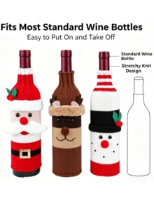 3pcs/6pcs Christmas Knitted Wine Bottle Covers, Santa Claus Snowman Reindeer Wine Bottle Decor, Holiday Table Party Gift Ornament - View 2