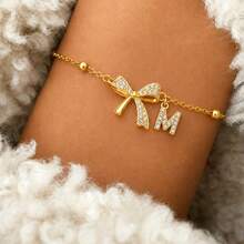 1pc Classic Simple Bow-Knot Initial Pendant Golden Stainless Steel Bead Chain Bracelet For Women - Bracelet - View 1