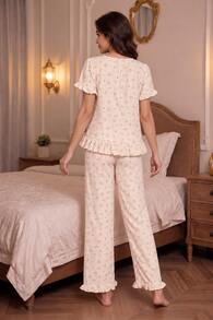 طقم بيجامة RS Pajama1 بطبعة زهور من قماش الكريب الفقاعي، مع كشكشة وأكمام قصيرة، مزين بفيونكة، بياقة مربعة وقصة فضفاضة - لون مشمشي - مشاهدة 5