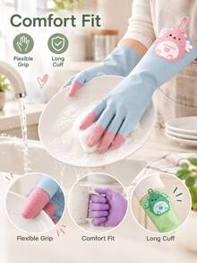 Cute Cartoon Print Latex Protective Gloves, Extended Cuff Design Waterproof Household Gloves, Non-Slip Texture With Convenient Hook, Color Block Style, Suitable For Kitchen Dishwashing, Bathroom Cleaning And Various Daily Chores - Multiple Styles - View 4