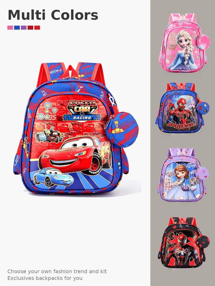 Disney Tas Ransel Elsa Frozen Spider-Man Princess Sofia Racing Motif Kartun, Dilengkapi Dompet Koin Kecil, Desain Ergonomis Ringan, Tas Ransel Harian, Tersedia Berbagai Warna, Tas Bahu Kasual, Cocok untuk Jalan-jalan dan Bepergian - beraneka warna - View 1