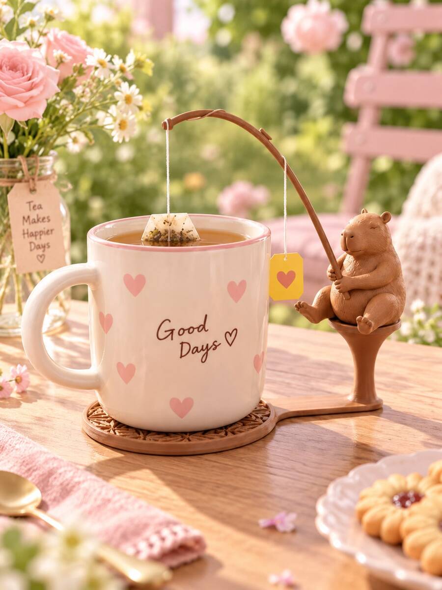 1PC Cute Capybara Tea Bag Holder With Coaster Base, Adorable Animal Fishing Tea Bag Hanger, Creative Tabletop Decor For Tea Cup, Lovely Tea Time Accessory, Sweet Home Kitchen Ornament, Multiple Use Scenes - A - View 1
