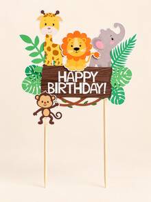 1件生日快樂卡通動物蛋糕裝飾插牌，創意叢林狩獵風蛋糕插飾，DIY蛋糕插牌含長頸鹿、獅子、大象、猴子與熱帶葉片，適用兒童生日派對、嬰兒洗禮，蛋糕裝飾用品 - 彩色 - 查看 3