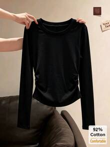 Women's Autumn/Winter Long Sleeve T-Shirt, Black Solid Color Versatile Slim Fit Base Layer Top - 黑色 - 查看 2