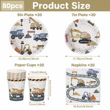10/20/80pcs Construction Theme Birthday Tableware Set, Includes Paper Plates, Cups, Napkins, Suitable For Birthday Party Decoration, Baby Shower, Party Supplies - View 7