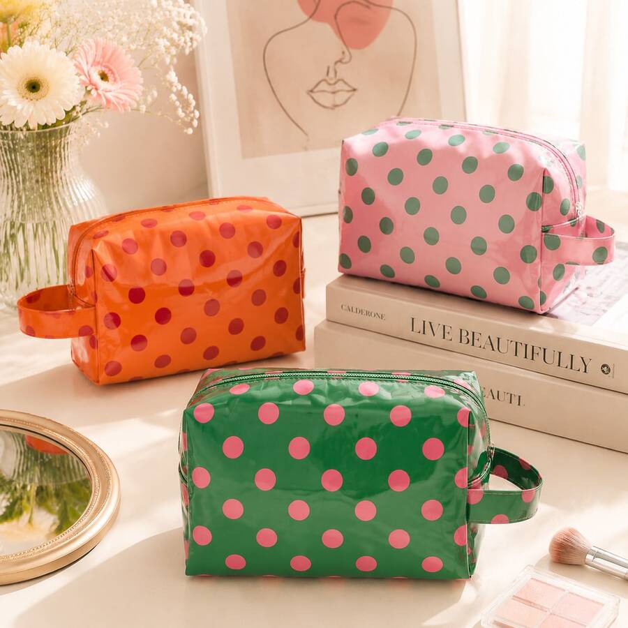 1pc Women's Polka Dot Makeup Bag, Large Capacity Cosmetic Pouch With Handle, Zipper Travel Toiletry Organizer, Portable Beauty Storage Bag - Multicolor - View 1