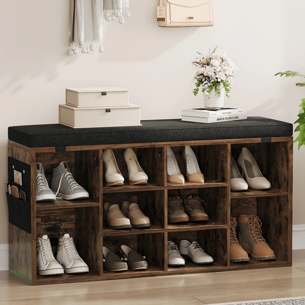 Wanfeeso Entryway Shoe Bench With Storage - Upholstered Seating Bench With Open Compartments & Side Pockets - Space-Saving Shoe Rack Organiser For Hallway & Bedroom - Retro Color 104*30.5*53 - View 1