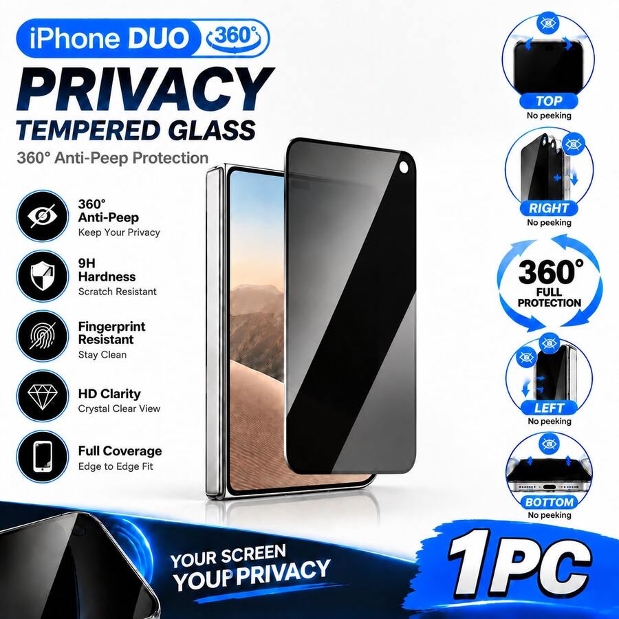 Yezodawee 1pc 360° Full Coverage Privacy Screen Protector - 4-Way Privacy Protection, Ultra-Strong Tempered Glass, 5x Strength Increase, Invisible Protection, Anti-Fingerprint, Easy Installation, Anti-Scratch, Bubble-Free, Compatible With Phone Cases, Anti-Peeping Anti-Fingerprint Anti-Drop, Suitable Compatible With Iphone DUO 18 Pro Max/17 Pro/17 Air/17/16 Pro Max/16E/16 Plus/15 Pro Max/14/13/12 Series