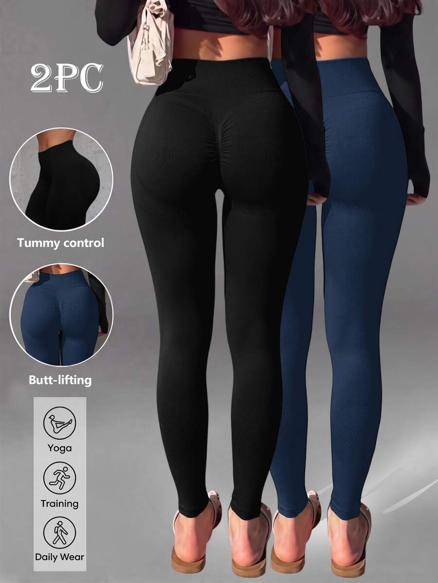 2pcs/Set Women High Waist Lifting Yoga Pants, Seamless Abdomen Shaping Fitness Leggings Suitable For Gym, Running - Multicolor - View 1