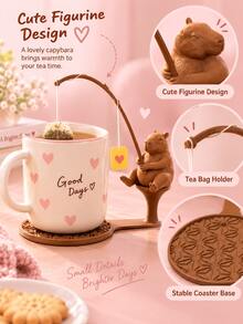 1PC Cute Capybara Tea Bag Holder With Coaster Base, Adorable Animal Fishing Tea Bag Hanger, Creative Tabletop Decor For Tea Cup, Lovely Tea Time Accessory, Sweet Home Kitchen Ornament, Multiple Use Scenes - A - View 6