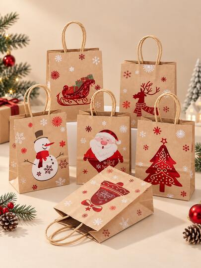 24PCS Christmas Kraft Paper Gift Bags With Handles, 10.63*8.27*4.33in, 6 Festive Holiday Designs, Reusable Gift Bags For Christmas Presents, Treats, Parties & Family Gatherings
