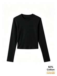 American Hot Girl Style Round Neck Short Long Sleeve T-Shirt Women Autumn Slim Fit Flattering Versatile Base Layer Black Top - Black - View 7