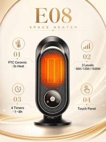 SMEG is gems Portable Space Heater, Fast Heating Desktop Electric Heater, Touch Control, Multiple Heating Settings And Timer Function, Quiet Small Heater, Suitable For Bedroom, Office, Home - Black - View 3