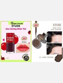 ETUDE Dear Darling 02 Watery Lip Gloss + PANG PANG HAIR SHADOW 01 Dark Brown, Waterproof, Easy To Clean, Water And Sweat Resistant, 2pcs Set - #02  Cherry & 01 DARK BROWN - View 1