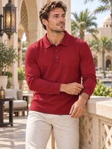 Kemeja Polo Lengan Panjang Pria Warna Merah Polos, Atasan Berkerah, Potongan Slim Fit, Cocok untuk Pakaian Kantor dan Sehari-hari di Musim Semi/Gugur, Gaya Ganda Kasual dan Profesional, Sempurna untuk Perjalanan ke Kantor dan Sehari-hari - Merah - View 2