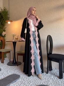 2pcs Set Abaya Elegan Kasual Menawan dengan Jilbab, Cardigan Berenda, dan Jubah Panjang untuk Pesta dan Pakaian Kasual - Hitam - View 2