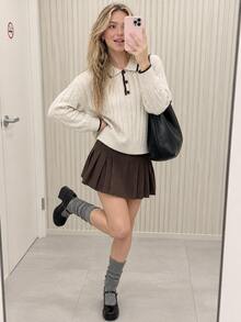 Women's Autumn/Winter Vintage Preppy Cable Knit Shawl Collar Pullover Sweater, Short Length Long Sleeve Top - Apricot - View 3