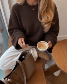 Women's Faux Collar Short Knit Sweater, Loose Drop Shoulder Long Sleeve Pullover - Coffee Brown - View 4