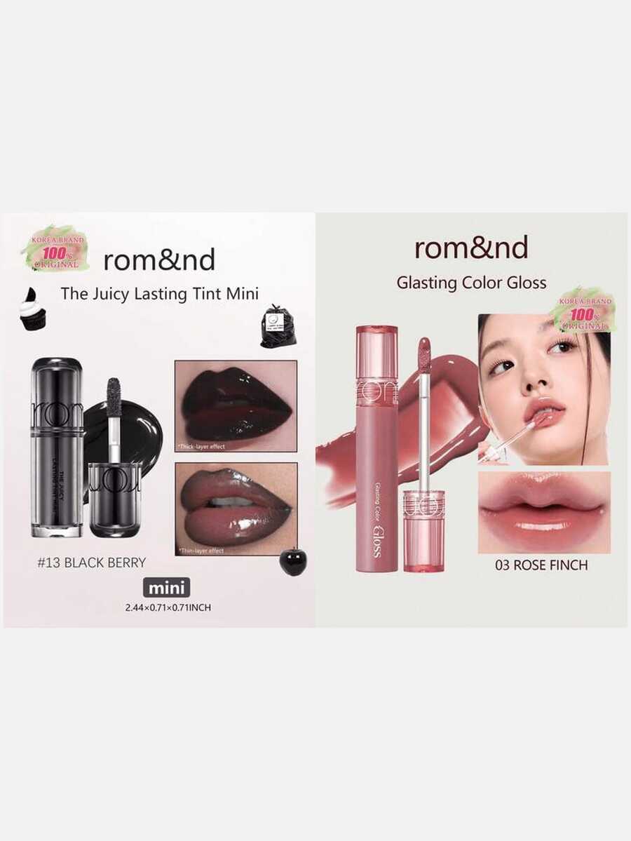 Rom&nd Romand THE JUICY LASTING TINT MINI 13 1g/0.04 Oz + Glasting Color Gloss #03 ROSE FINCH High Gloss Glass Lip Glaze, 2-Piece Set - 13 BLACK BERRY+#03 ROSE FINCH - View 1