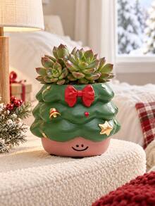 1pc Christmas Tree And Gift Box Shaped Planter, Cute Festive Small Plant Pot With Bow And Star Details, Holiday Home Decor For Succulents, Windowsill, Office Desk, Shelf And Tabletop Display - New Model - View 6