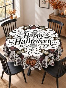1pc Halloween Theme Polyester Tablecloth, Round Tablecloth, Rectangular Tablecloth, Halloween Decor Tablecloth/Table Cover, Black Halloween Pumpkin Bat Ghost Spirit Black Cat Skeleton Pattern Holiday Tablecloth, Halloween Dining Table Centerpiece Decoration, Halloween Party And Family Gathering Atmosphere Decor Tablecloth, Reusable - C - View 3