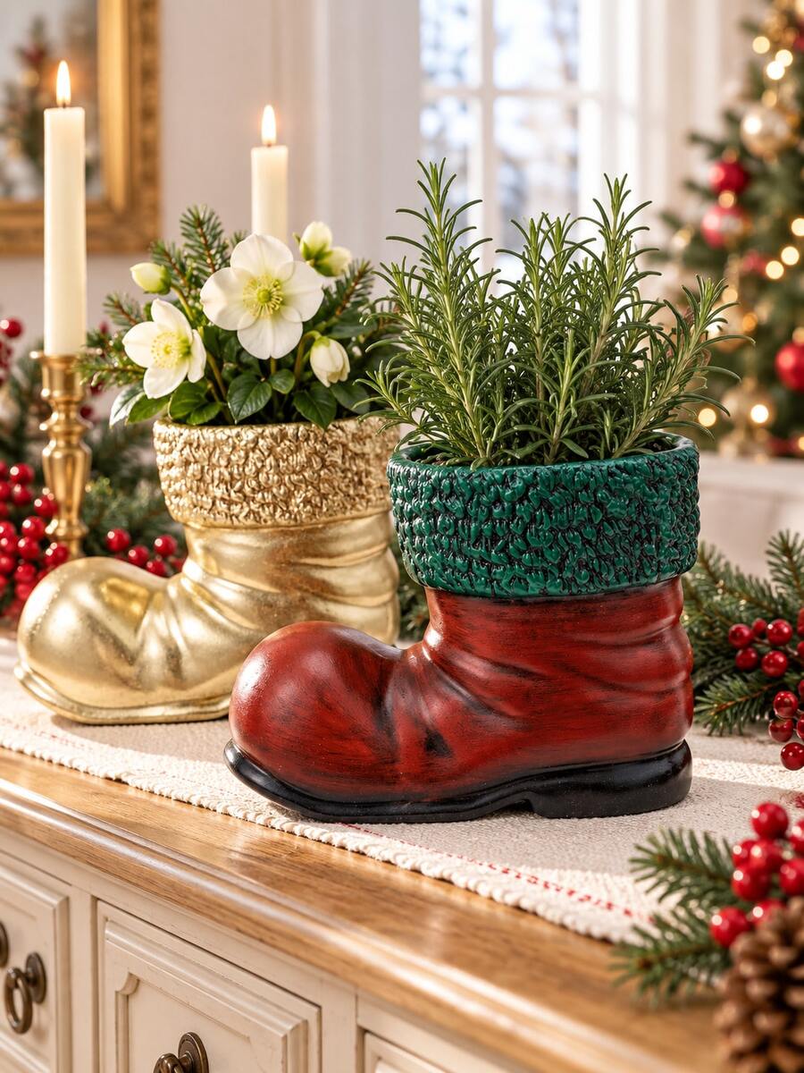 1pc Christmas Shoe-Shaped Planter, Vintage Country Boot Planter With Decorative Textured Trim, Holiday Plant Stand, Suitable For Living Room, Mantel, Entryway And Tabletop Decor Center - New Product - View 1