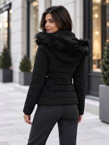 Women Faux Fur Trim Hooded Zip Up Padded Coat With Waist Buckle Detail - Black - View 6