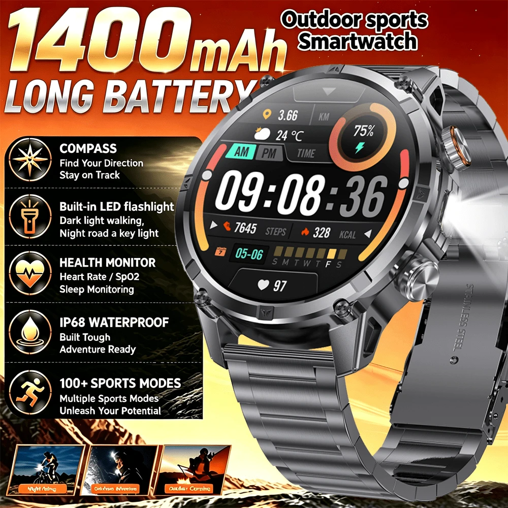 Men's Heavy-Resistant Outdoor Smart Watch, 1400mAh Large Battery, LED Flashlight And Compass 1.7 Inch Large Screen, Wireless HD Call, 120+ Sports Mode, IP68 Waterproof, Compatible With IPhone And Android System - View 1