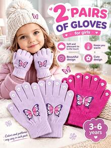 2 Pairs Kids Autumn/Winter Baby Knitted Five-Finger Woolen Warm Thick Split-Finger Gloves, Cold-Proof, Small Butterfly Design - Butterfly Gloves - View 18