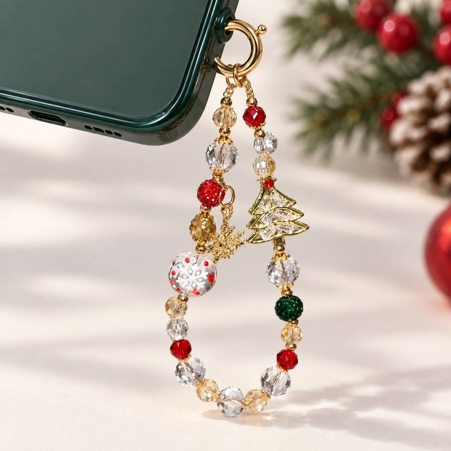 1 pièce Charm de téléphone en perles de cristal de Noël, pendentif en métal doré en forme de sapin de Noël & flocon de neige, chaîne de poignet de téléphone de luxe colorée, conception de fermoir à ressort détachable anti-perte, accessoire de coque de téléphone universel, cadeau de fête élégant pour les femmes